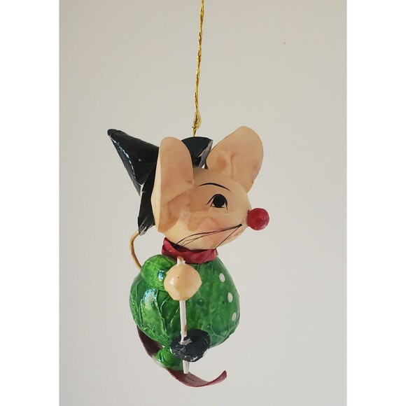 Vintage Christmas Ornament Paper Mache Witch Mouse On Skis Taiwan 1980s Folk Art - Picture 9 of 11